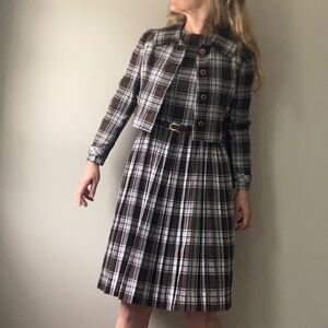 I. Magnin Abe Schrader 1960s 60s vintage summer dress suit in brown plaid